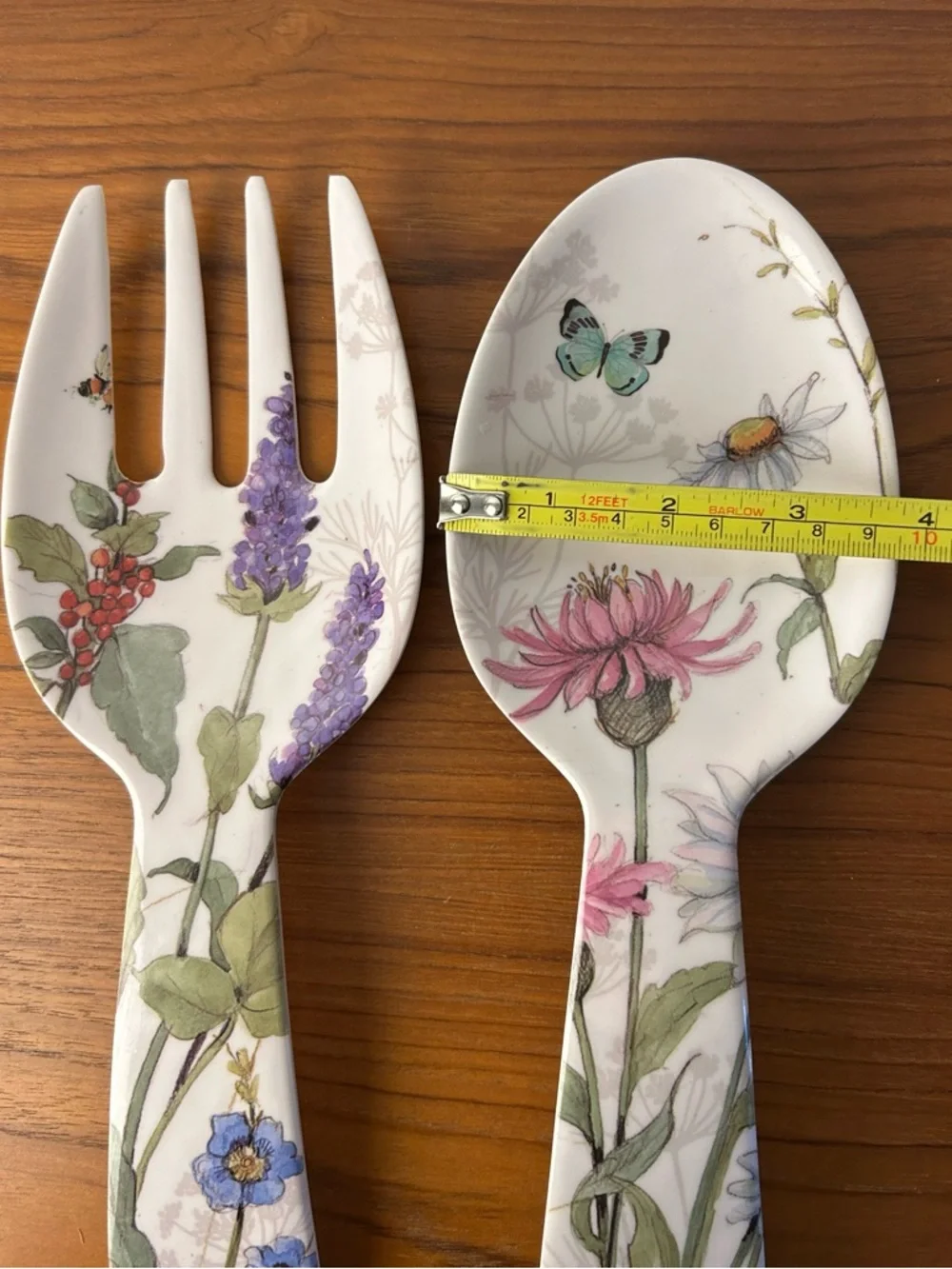 Melamine White Floral Serving Spoon and Fork Set with Multicolor Botanical Print